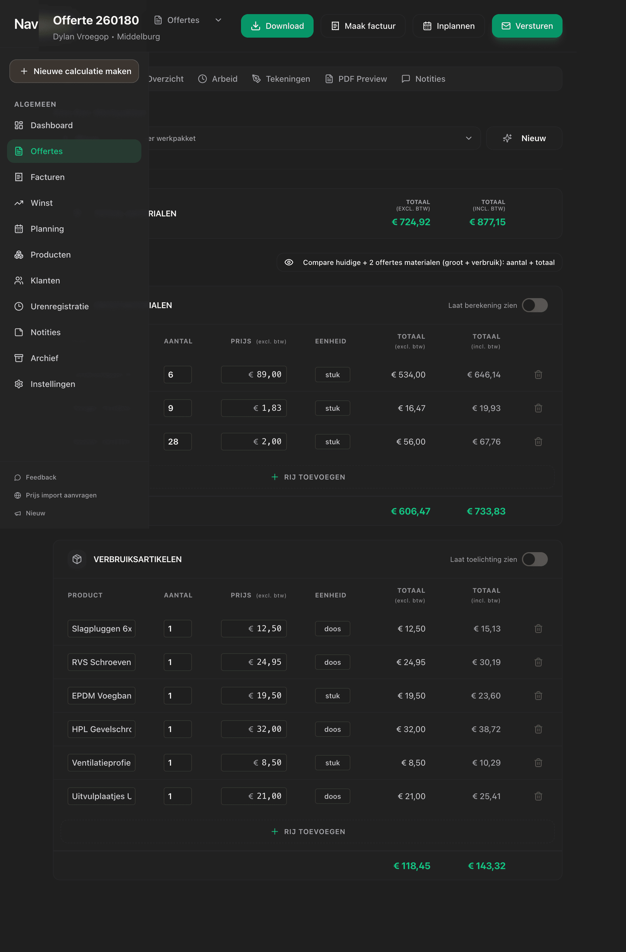 OfferteHulp Offerte Workspace - Materialen