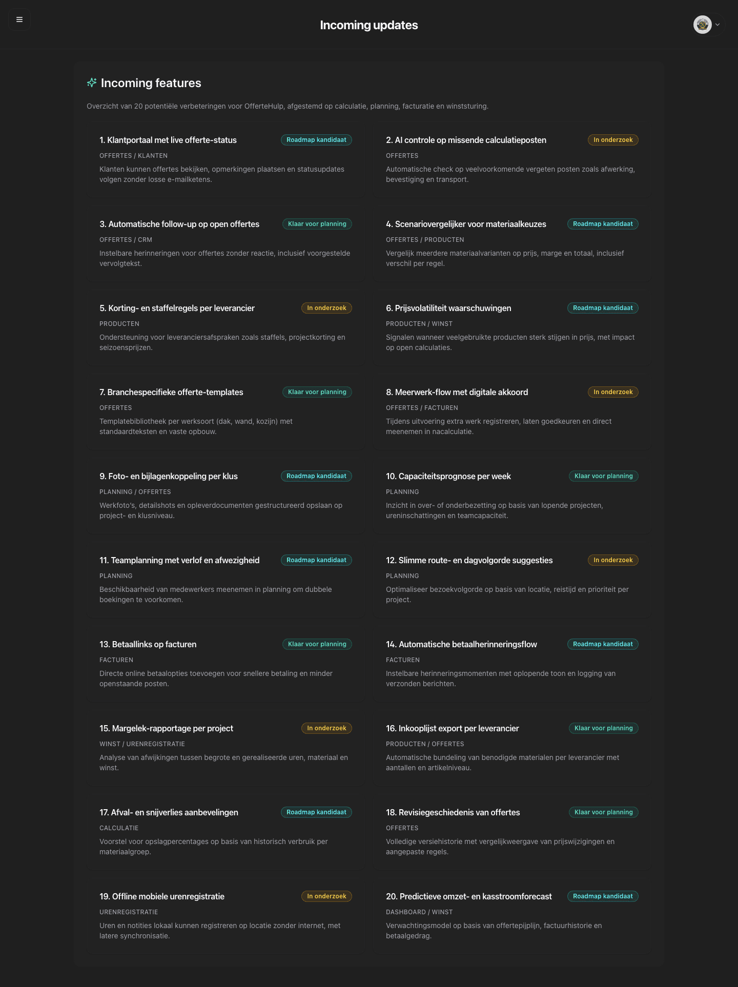 OfferteHulp - Nieuw en Roadmap